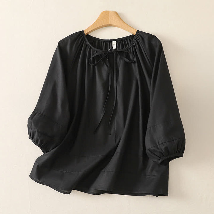 Buddha Stones Summer Boho Drawstring Crew Neck Solid Women's Long Sleeve Shirt - Black - US14, UK/AU18, EU46 (2XL) - image 8