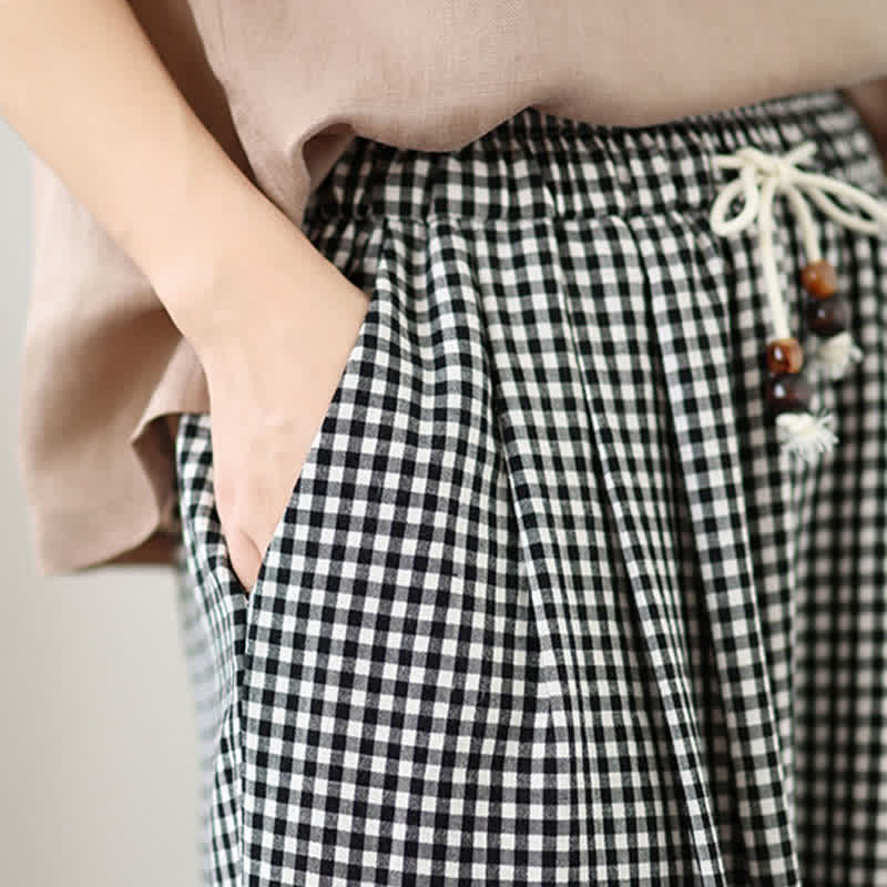 Buddha Stones Summer Casual Drawstring Small Plaid Ankle Pants Women's Wide Leg Pants With Pocket - image 14