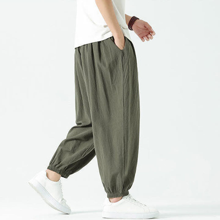 Buddha Stones Summer Casual Boho Drawstring Solid Cotton Cropped Pants Men's Harem Pants With Pocket - image 30