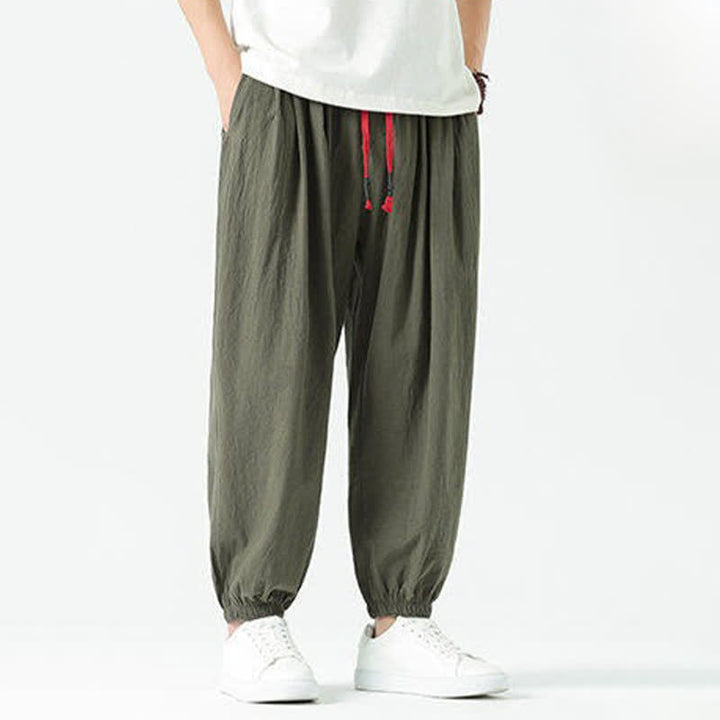 Buddha Stones Summer Casual Boho Drawstring Solid Cotton Cropped Pants Men's Harem Pants With Pocket - image 31