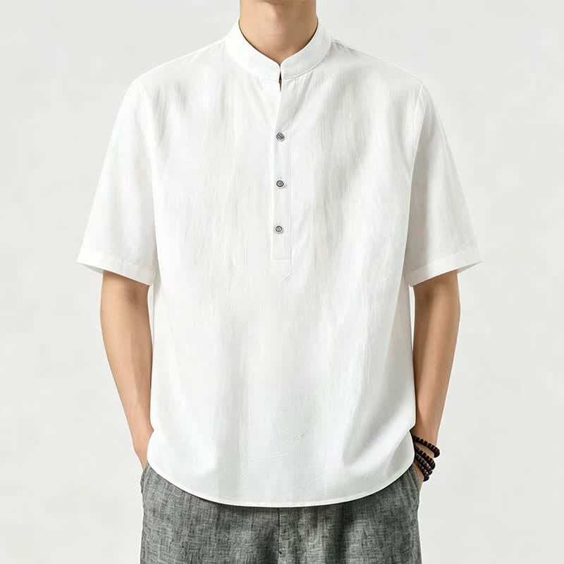 Buddha Stones Summer Casual Mandarin Collar Solid Men's Short Sleeve Shirts - White - US/UK/AU46, EU56 (5XL) - image 6