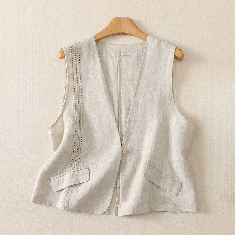Buddha Stones Summer Casual Minimalist Button-Up Solid Women's Sleeveless Shirts Tank Top - Linen - US12, UK/AU16, EU44 (2XL) - image 0