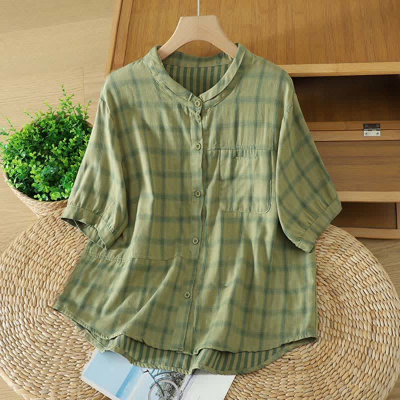Buddha Stones Summer Casual Vintage Plaid Women's Short Sleeve Shirts With Patch Pocket - YellowGreen - US12, UK/AU16, EU44 (XL) - image 0