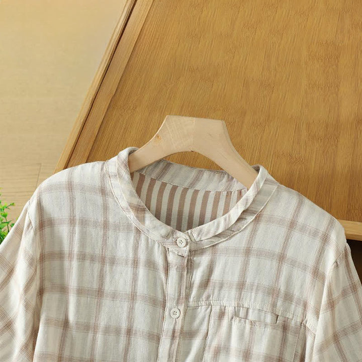 Buddha Stones Summer Casual Vintage Plaid Women's Short Sleeve Shirts With Patch Pocket - image 20