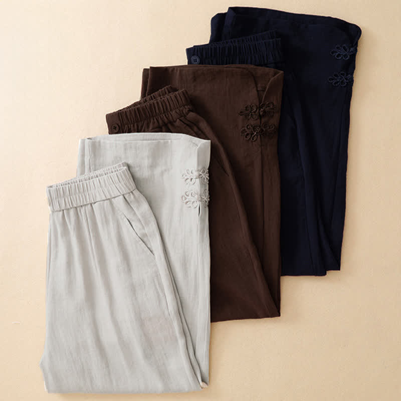 Buddha Stones Summer Casual Embroidery Solid Cropped Pants Women's Harem Pants With Pocket - image 20