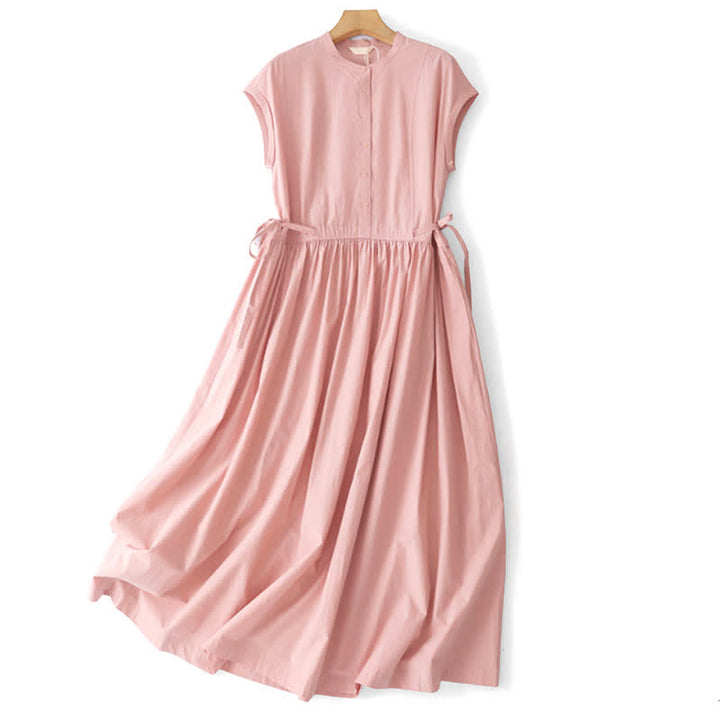 Buddha Stones Summer Casual Vintage Button-Up Solid Lace-up Women's Short Sleeve Dresses With Pocket - LightPink - US12, UK/AU16, EU44 (2XL) - image 18