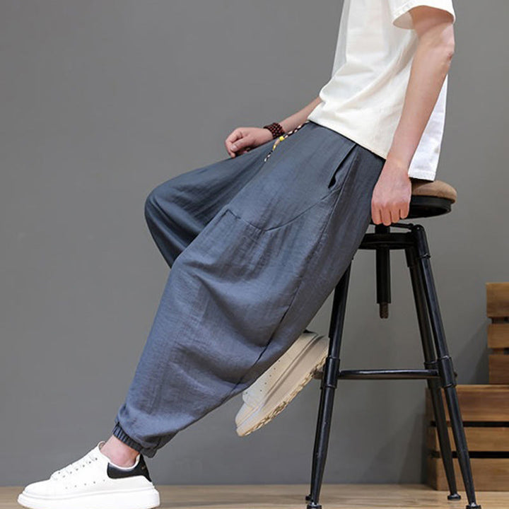 Buddha Stones Summer Casual Vintage Drawstring Solid Cotton Cropped Pants Men's Harem Pants With Pocket - image 8