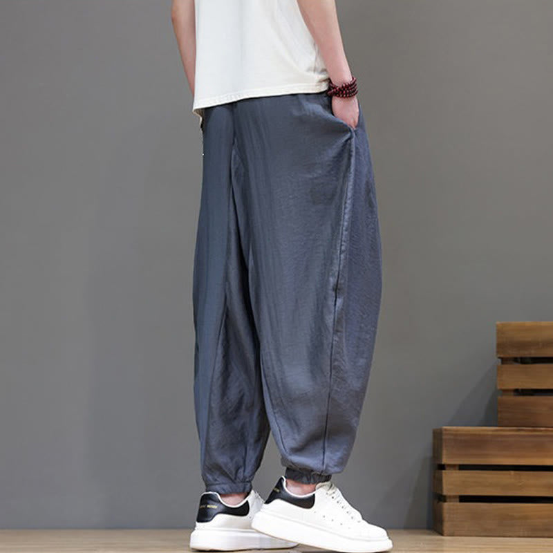 Buddha Stones Summer Casual Vintage Drawstring Solid Cotton Cropped Pants Men's Harem Pants With Pocket - image 4