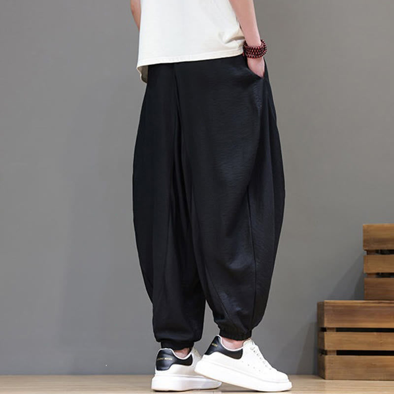 Buddha Stones Summer Casual Vintage Drawstring Solid Cotton Cropped Pants Men's Harem Pants With Pocket - image 16