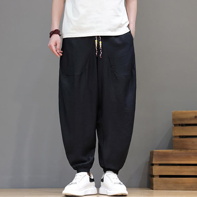 Buddha Stones Summer Casual Vintage Drawstring Solid Cotton Cropped Pants Men's Harem Pants With Pocket - image 18