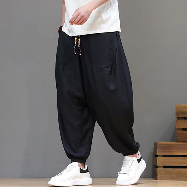 Buddha Stones Summer Casual Vintage Drawstring Solid Cotton Cropped Pants Men's Harem Pants With Pocket - image 15
