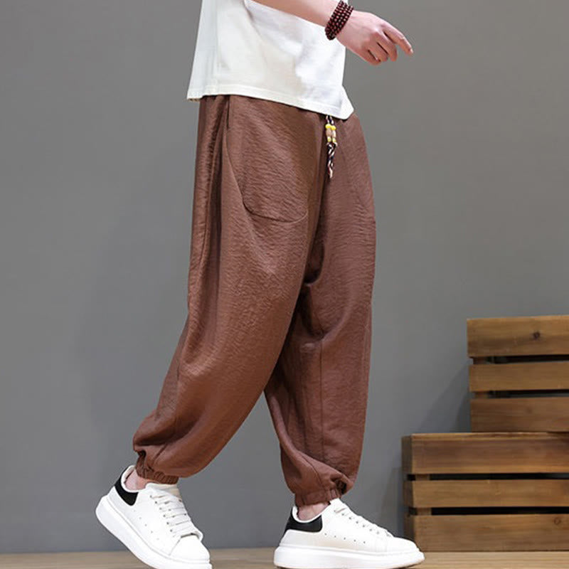 Buddha Stones Summer Casual Vintage Drawstring Solid Cotton Cropped Pants Men's Harem Pants With Pocket - image 25