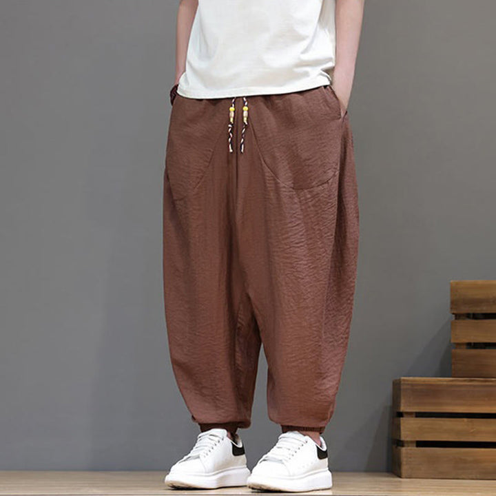 Buddha Stones Summer Casual Vintage Drawstring Solid Cotton Cropped Pants Men's Harem Pants With Pocket - image 28