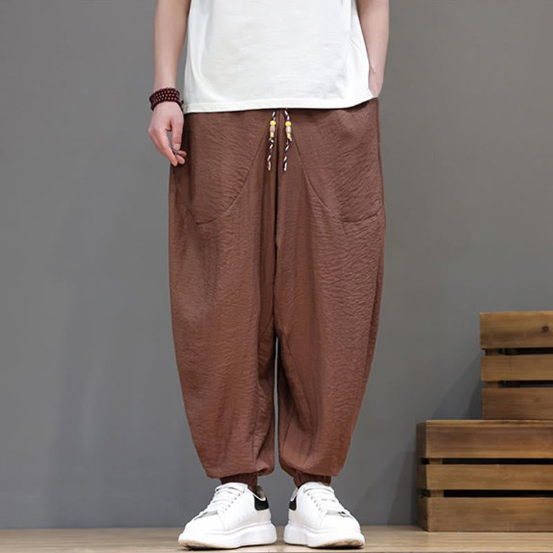 Buddha Stones Summer Casual Vintage Drawstring Solid Cotton Cropped Pants Men's Harem Pants With Pocket - image 26
