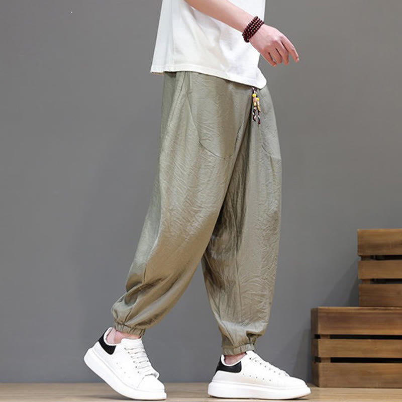Buddha Stones Summer Casual Vintage Drawstring Solid Cotton Cropped Pants Men's Harem Pants With Pocket - image 32