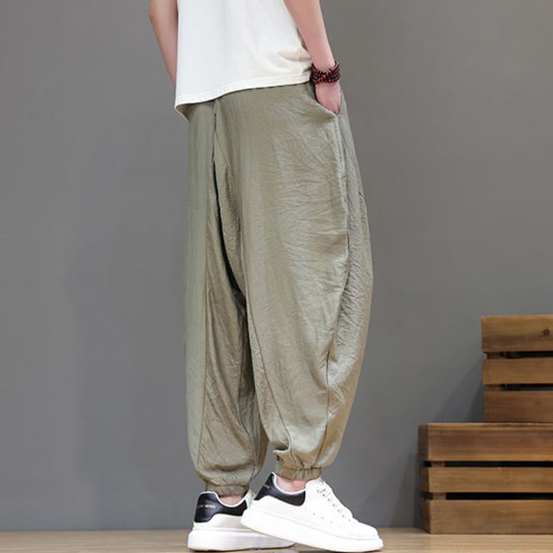 Buddha Stones Summer Casual Vintage Drawstring Solid Cotton Cropped Pants Men's Harem Pants With Pocket - image 33