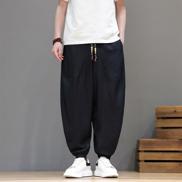 Buddha Stones Summer Casual Vintage Drawstring Solid Cotton Cropped Pants Men's Harem Pants With Pocket - Black - US/UK/AU46, EU56 (5XL) - image 12