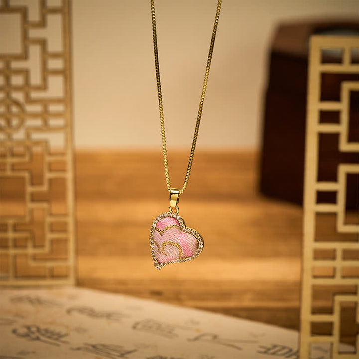 Buddha Stones Copper Rotatable Heart & Four-leaf Clover Inlaid Pink Brocade Harmonic Connection Necklace - image 12
