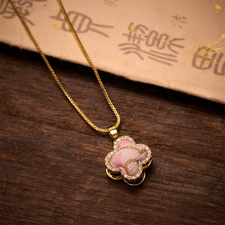 Buddha Stones Copper Rotatable Heart & Four-leaf Clover Inlaid Pink Brocade Harmonic Connection Necklace - image 1