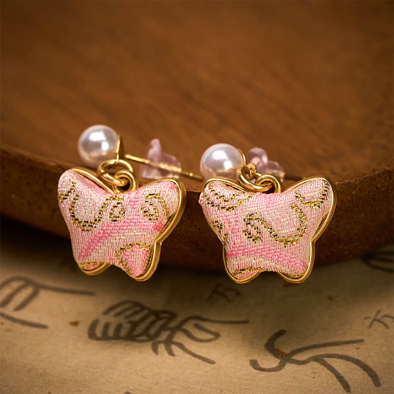 Buddha Stones Song Brocade Pearl Butterfly Vintage Love Chinese Style Earrings - image 1