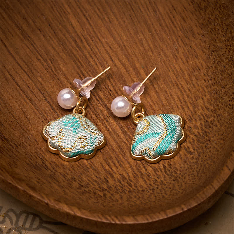 Buddha Stones Pearl Song Brocade Leaf Shaped Balance Chinese Earrings - image 2