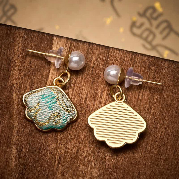Buddha Stones Pearl Song Brocade Leaf Shaped Balance Chinese Earrings - image 4