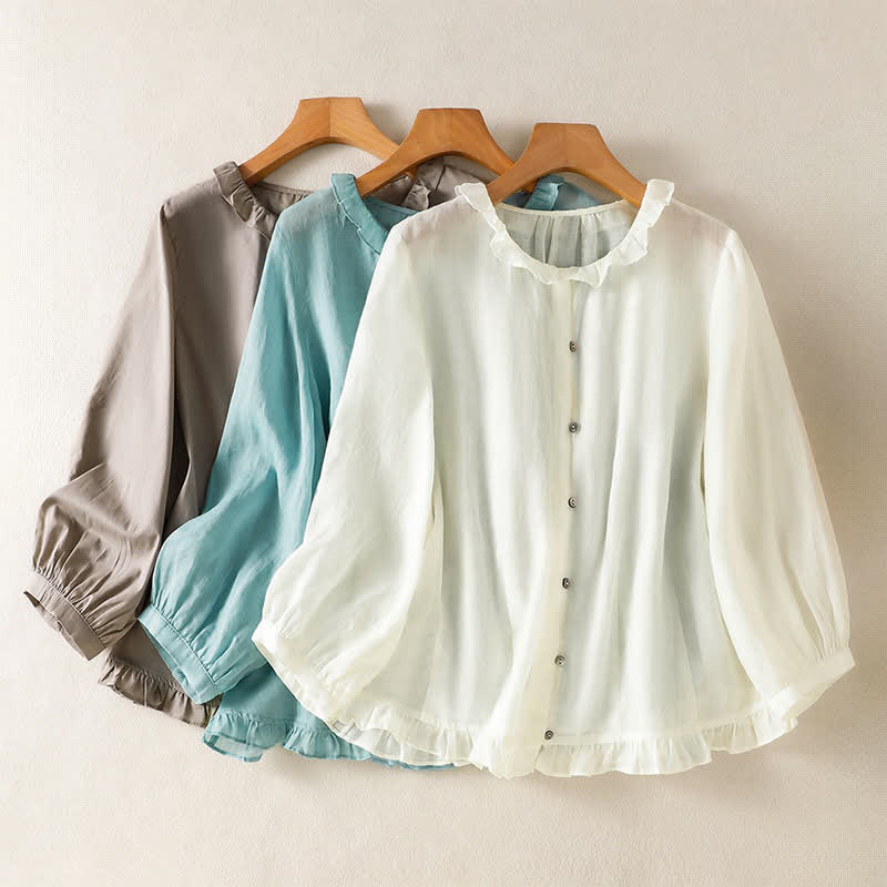 Buddha Stones Summer Casual Vintage Button-up Ruffled Crew Neck Solid Women's Long Sleeve Shirts - image 26