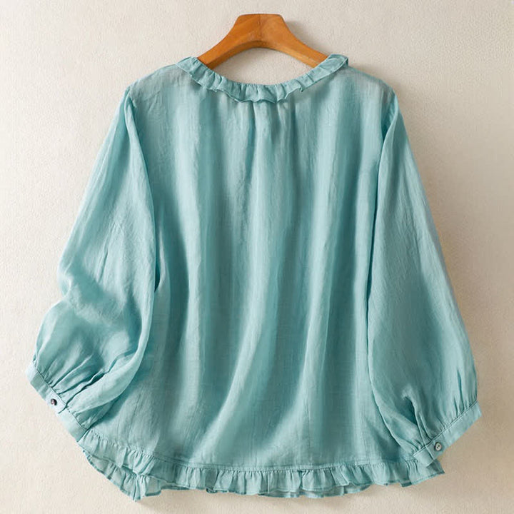 Buddha Stones Summer Casual Vintage Button-up Ruffled Crew Neck Solid Women's Long Sleeve Shirts - image 1