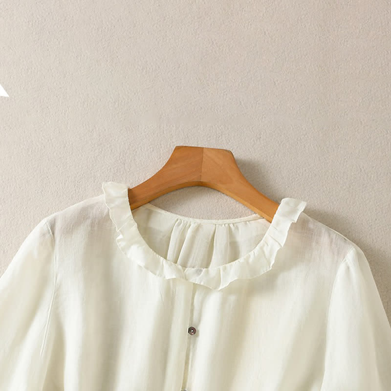 Buddha Stones Summer Casual Vintage Button-up Ruffled Crew Neck Solid Women's Long Sleeve Shirts - image 18