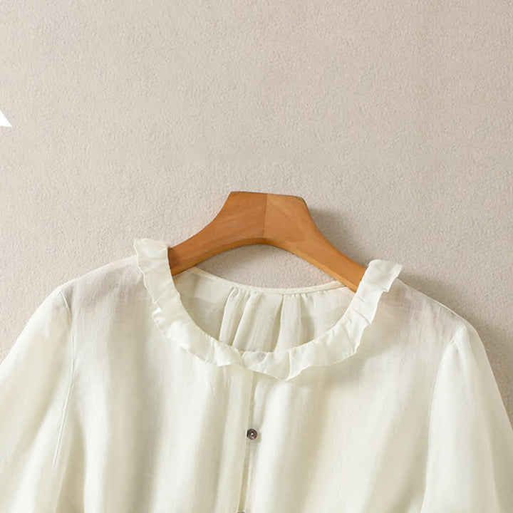 Buddha Stones Summer Casual Vintage Button-up Ruffled Crew Neck Solid Women's Long Sleeve Shirts - image 18