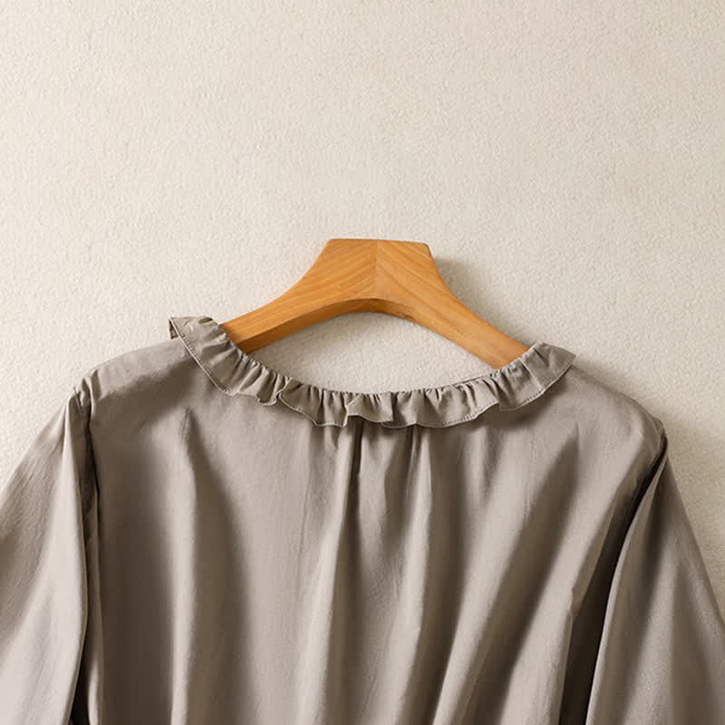 Buddha Stones Summer Casual Vintage Button-up Ruffled Crew Neck Solid Women's Long Sleeve Shirts - image 11