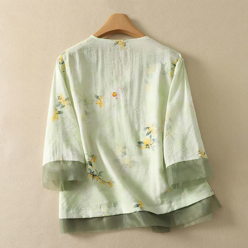 Buddha Stones Summer Vintage Tang Style Embroidery Floral V-Neck Women's Three-Quarter Sleeve T-Shirt - image 10