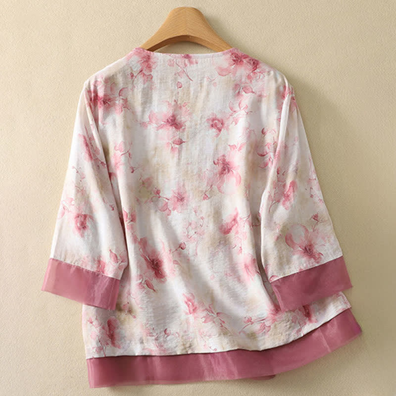 Buddha Stones Summer Vintage Tang Style Embroidery Floral V-Neck Women's Three-Quarter Sleeve T-Shirt - image 18