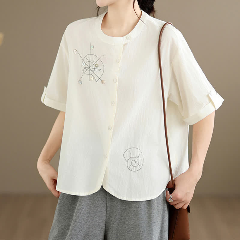 Buddha Stones Summer Casual Minimalist Embroidery Snails Button-Up Geometric Women's Short Sleeve Shirts - image 17