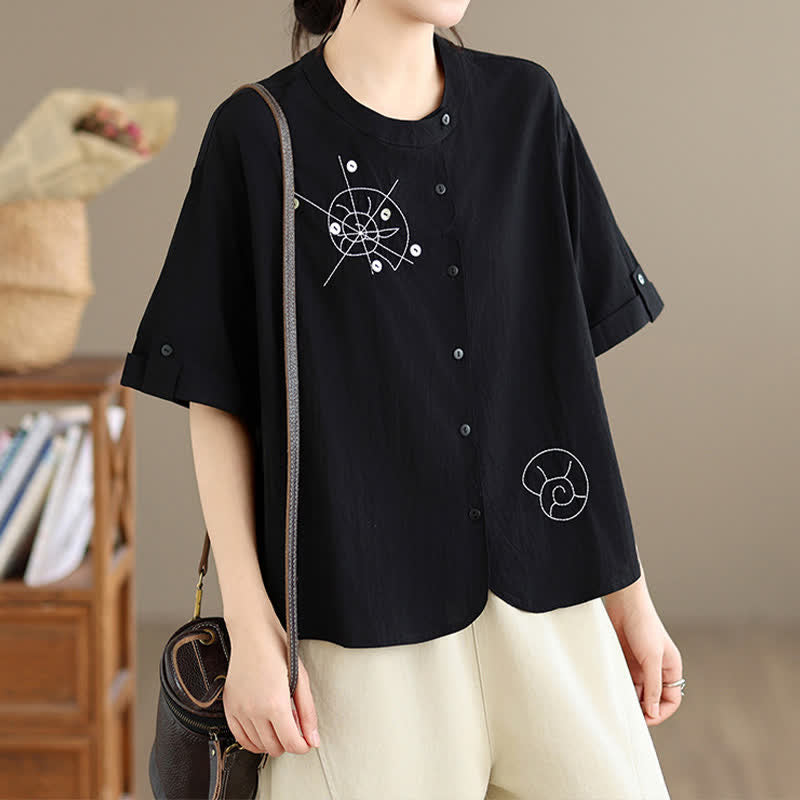 Buddha Stones Summer Casual Minimalist Embroidery Snails Button-Up Geometric Women's Short Sleeve Shirts - image 10