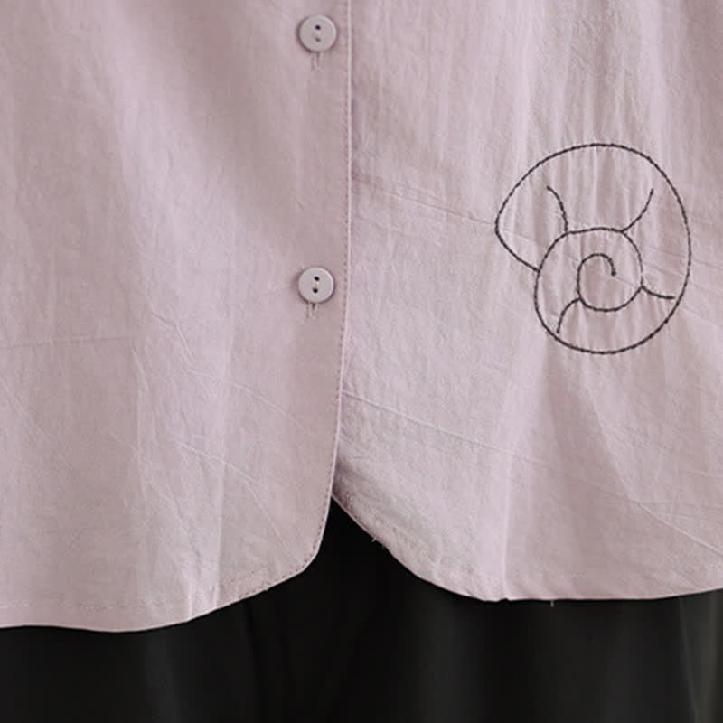 Buddha Stones Summer Casual Minimalist Embroidery Snails Button-Up Geometric Women's Short Sleeve Shirts - image 7