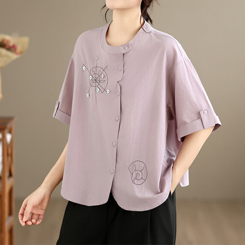 Buddha Stones Summer Casual Minimalist Embroidery Snails Button-Up Geometric Women's Short Sleeve Shirts - Thistle - US8-10, UK/AU12-14, EU40-42 (2XL) - image 0