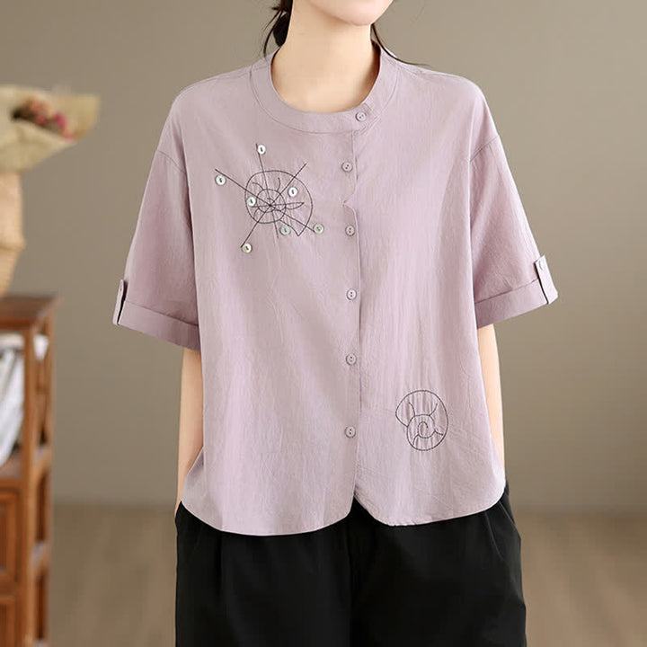 Buddha Stones Summer Casual Minimalist Embroidery Snails Button-Up Geometric Women's Short Sleeve Shirts - image 2
