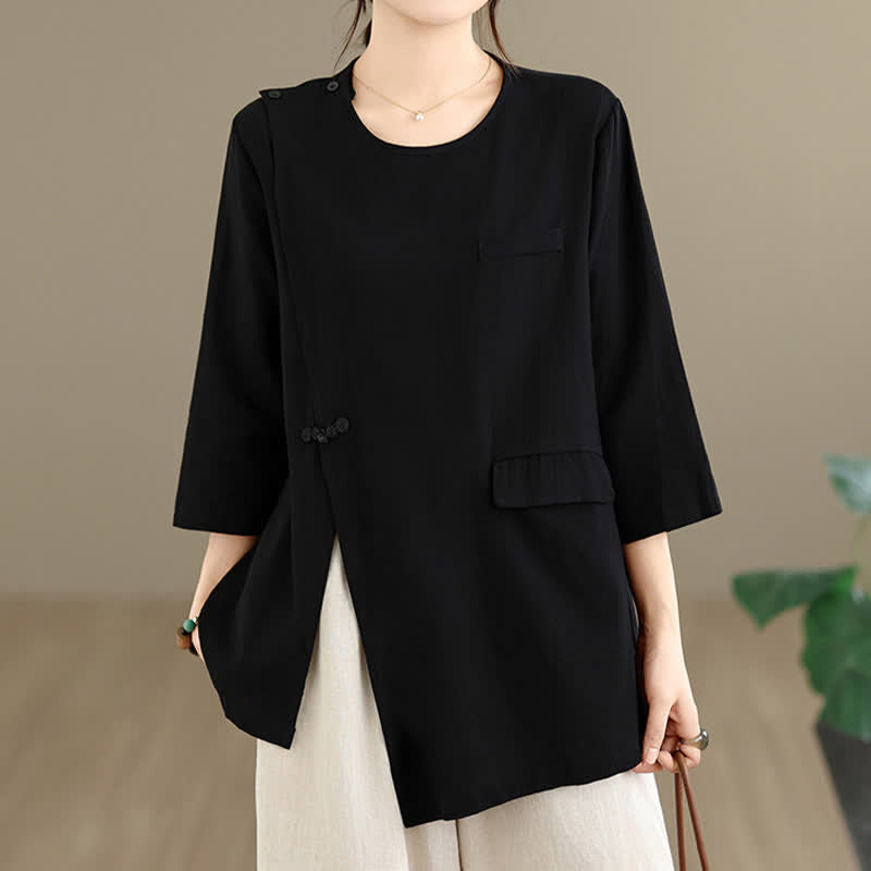 Buddha Stones Summer Tang Style Side Slit Pankou Solid Crew Neck Women's Long Sleeve T-Shirt With Pocket - image 13