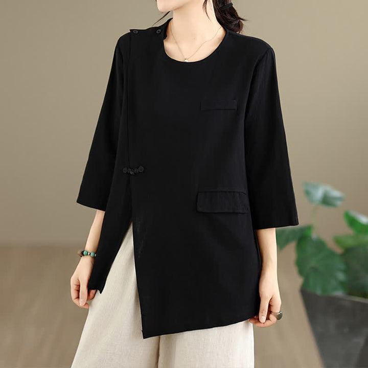Buddha Stones Summer Tang Style Side Slit Pankou Solid Crew Neck Women's Long Sleeve T-Shirt With Pocket - image 15