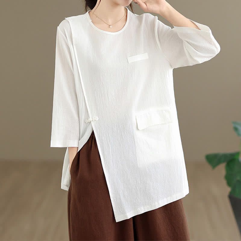 Buddha Stones Summer Tang Style Side Slit Pankou Solid Crew Neck Women's Long Sleeve T-Shirt With Pocket - image 3