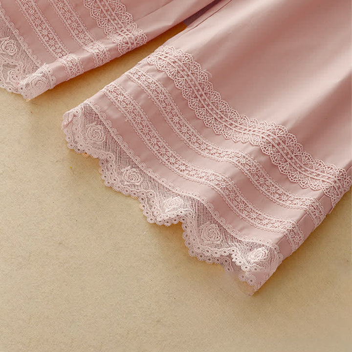 Buddha Stones Summer Elegant Casual Drawstring Solid Lace-trimmed Hem Ankle Pants Women's Wide Leg Pants - image 7