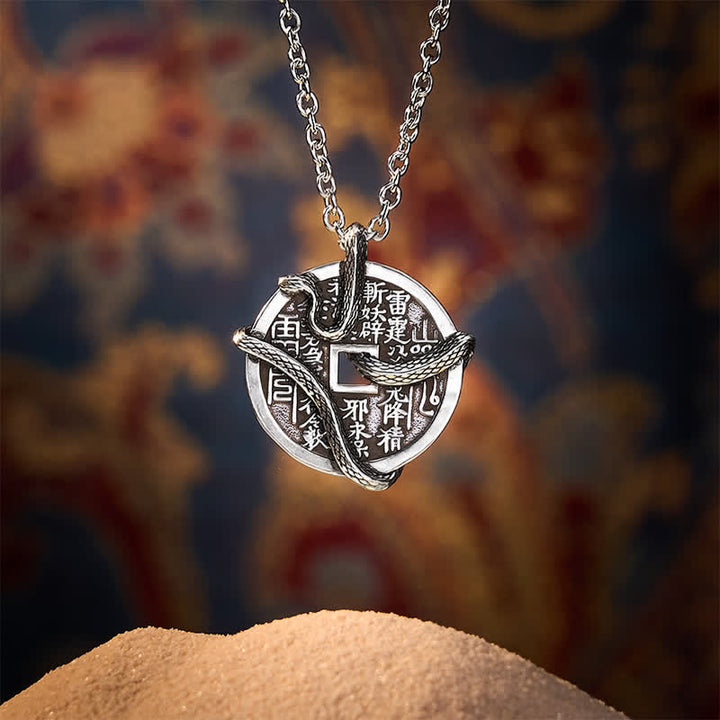 Buddha Stones Copper Plated With Silver Mountain Ghosts Spend Money Snake Coiled Around Copper Coin Necklace - image 1