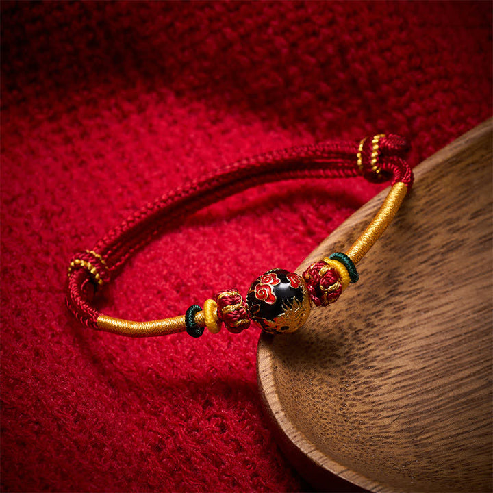Buddha Stones Copper Dragon Bead Red String Strength Braided Bracelet - Dark Red String(Wrist Circumference: 15–20 cm) - Dragon Bead - image 0