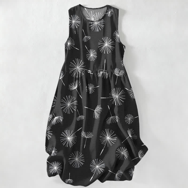 Buddha Stones Summer Casual Dandelion Bloom Pattern Women's Summer Sleeveless Midi Dress With Pockets - Black - US16，UK/AU20，EU48 (3XL) - image 4
