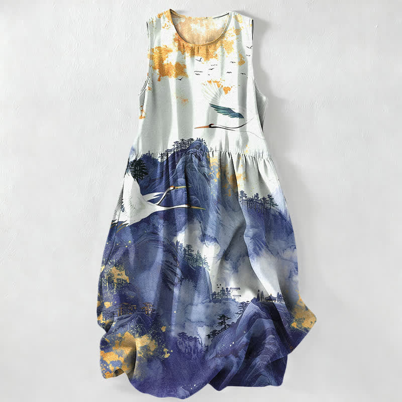 Buddha Stones Summer Casual Ink Landscape Cranes Pattern Women's Summer Sleeveless Midi Dress With Pockets - SteelBlue - US16，UK/AU20，EU48 (3XL) - image 4