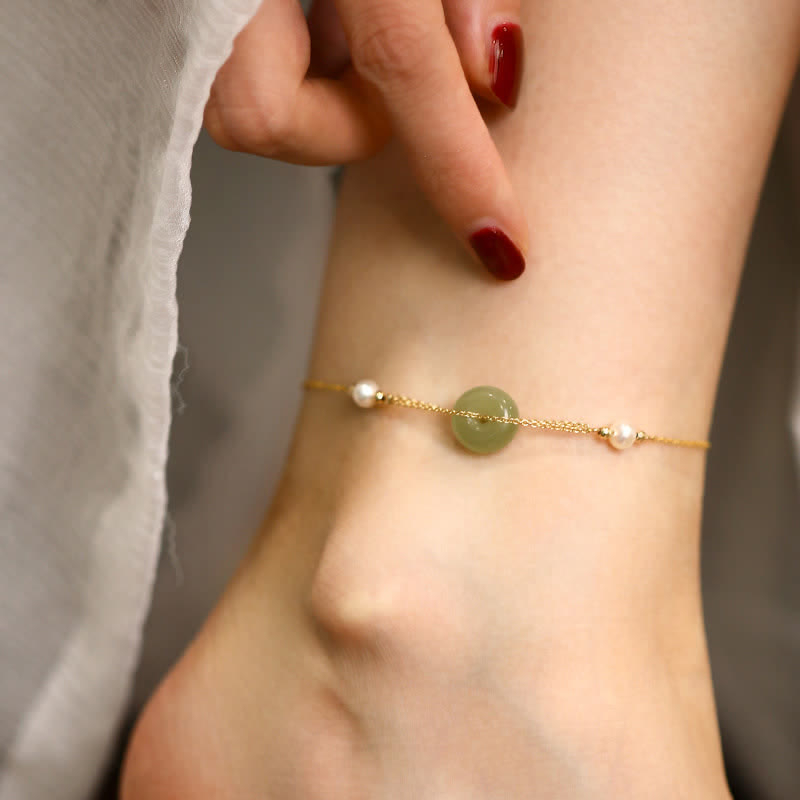 Buddha Stones Hetian Jade Peace Buckle Pearl Safety Chain Anklet - image 1