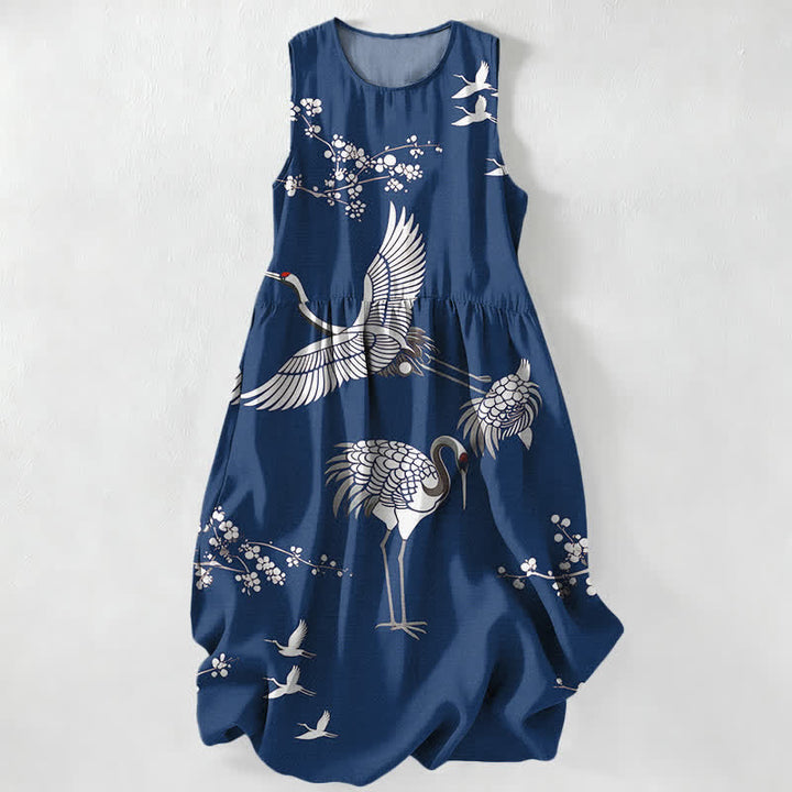 Buddha Stones Summer Casual Crane Blossom Pattern Women's Summer Sleeveless Midi Dress With Pockets - Navy - US16，UK/AU20，EU48 (3XL) - image 8