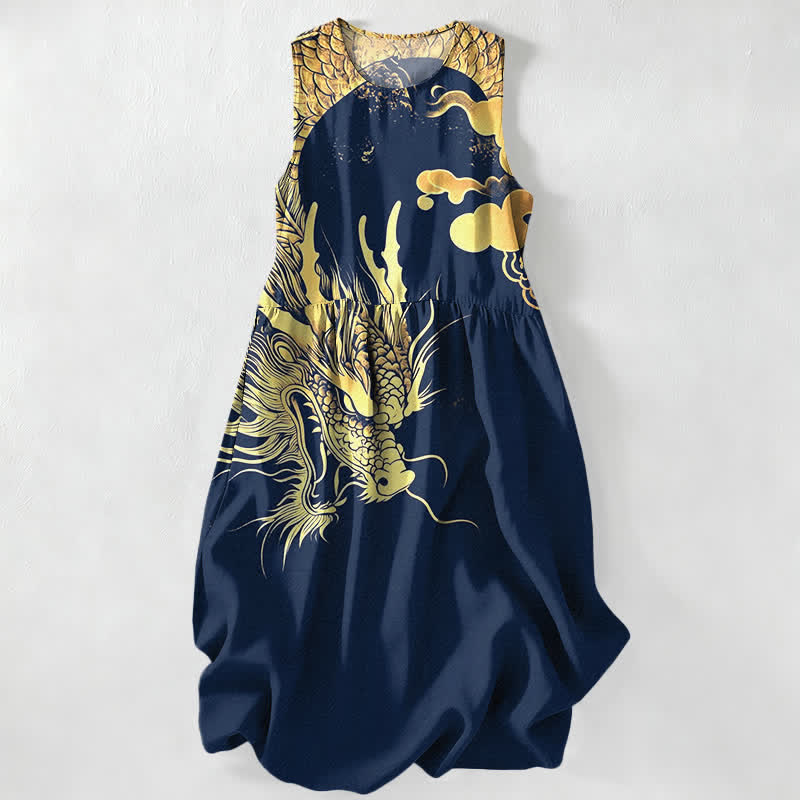Buddha Stones Summer Casual Golden Dragon Cloud Pattern Women's Summer Sleeveless Midi Dress With Pockets - Navy - US16，UK/AU20，EU48 (3XL) - image 0