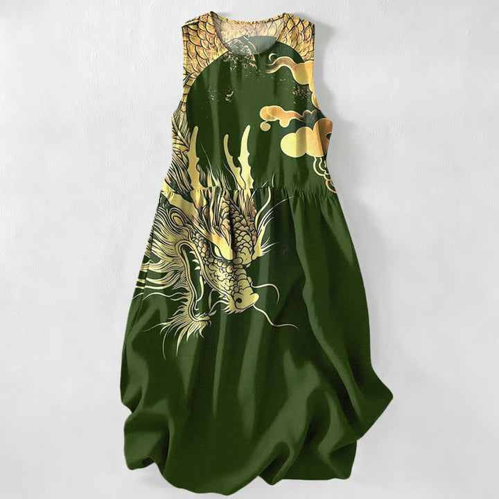Buddha Stones Summer Casual Golden Dragon Cloud Pattern Women's Summer Sleeveless Midi Dress With Pockets - DarkOliveGreen - US16，UK/AU20，EU48 (3XL) - image 8